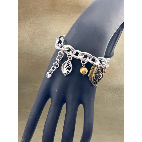 Bright Leaf Song Charm Bracelet Mixed Metals Leaves Pouch. - Picture 3 of 4